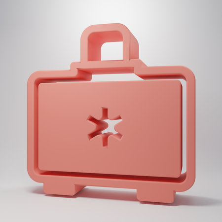 Pink First aid kit icon isolated on pink background. Medical box with cross. Medical equipment for emergency. Healthcare concept. Minimalism concept. 3D render illustration.の写真素材