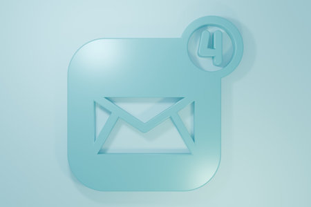 Blue Envelope icon isolated on blue background. Received message concept. New, email incoming message, sms. Mail delivery service. Minimalism concept. 3D render illustration.の写真素材