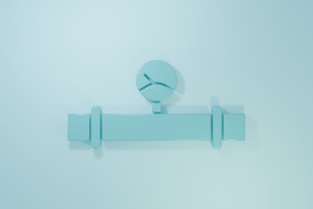 Blue Industry metallic pipe and manometer icon isolated on blue background. Minimalism concept. 3D render illustration.の写真素材