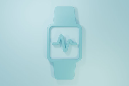 Blue Smart watch showing heart beat rate icon isolated on blue background. Fitness App concept....