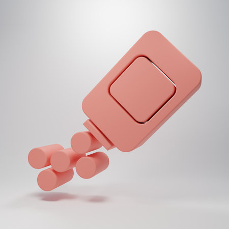 Pink Medicine bottle and pills icon isolated on pink background. Bottle pill sign. Pharmacy design. Minimalism concept. 3D render illustration.の写真素材