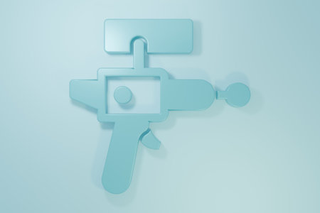 Blue Ray gun icon isolated on blue background. Laser weapon. Space blaster. Minimalism concept. 3D render illustration.の写真素材