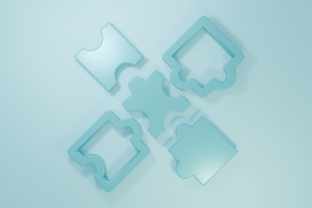 Blue Puzzle pieces toy icon isolated on blue background. Minimalism concept. 3D render illustration.の写真素材