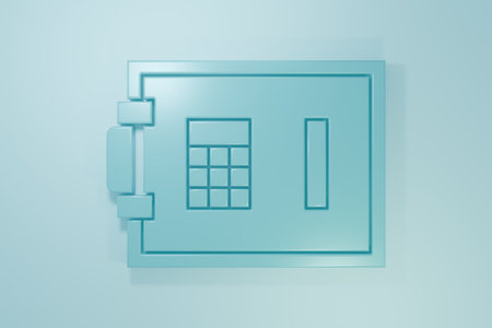 Blue Safe icon isolated on blue background. The door safe a bank vault with a combination lock. Reliable Data Protection. Minimalism concept. 3D render illustration.の写真素材