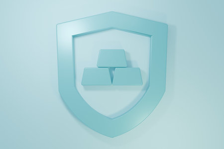 Blue Gold bars with shield icon isolated on blue background. Banking business concept. Minimalism concept. 3D render illustration.の写真素材