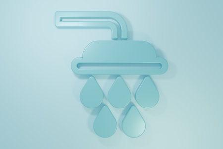 Blue Shower head with water drops flowing icon isolated on blue background. Minimalism concept. 3D render illustration.の写真素材
