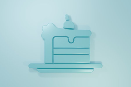 Blue Cake icon isolated on blue background. Happy Birthday. Minimalism concept. 3D render illustration.の写真素材