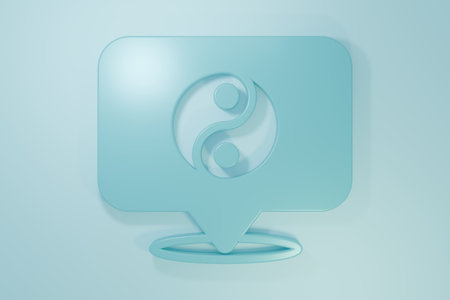 Blue Yin Yang symbol of harmony and balance icon isolated on blue background. Minimalism concept. 3D render illustration.の写真素材