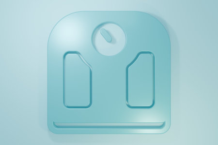 Blue Bathroom scales icon isolated on blue background. Weight measure equipment. Weight Scale fitness sport concept. Minimalism concept. 3D render illustration.の写真素材