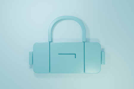 Blue Suitcase for travel icon isolated on blue background. Traveling baggage sign. Travel luggage icon. Minimalism concept. 3D render illustration.の写真素材