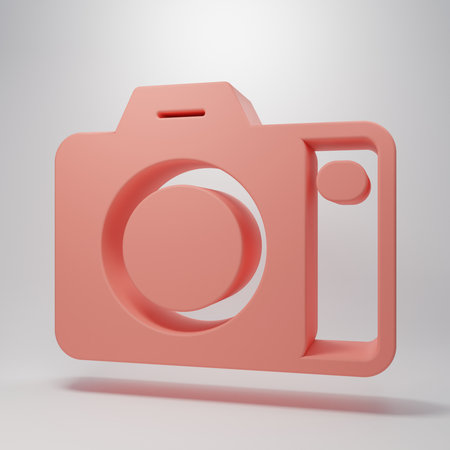 Pink Photo camera icon isolated on pink background. Foto camera. Digital photography. Minimalism concept. 3D render illustration.の写真素材
