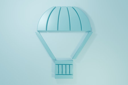 Blue Box flying on parachute icon isolated on blue background. Parcel with parachute for shipping. Delivery service, air shipping. Minimalism concept. 3D render illustration.の写真素材