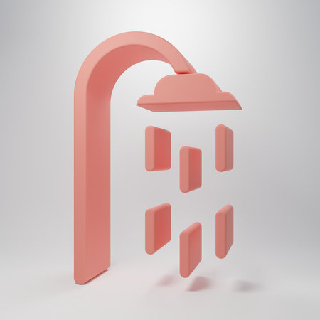 Pink Shower head with water drops flowing icon isolated on pink background. Minimalism concept. 3D render illustration.の写真素材
