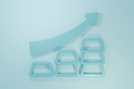Blue Finance growth chart arrow with gold bars icon isolated on blue background. Financial success concept. Gold investment concept. Minimalism concept. 3D render illustration.の写真素材