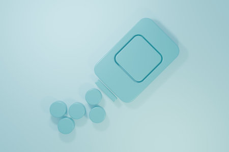 Blue Medicine bottle and pills icon isolated on blue background. Bottle pill sign. Pharmacy design. Minimalism concept. 3D render illustration.の写真素材