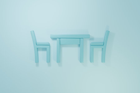 Blue Wooden table with chair icon isolated on blue background. Minimalism concept. 3D render illustration.の写真素材