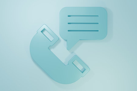 Blue Telephone conversation icon isolated on blue background. Telephone handset. Phone sign. Call center, communication. Minimalism concept. 3D render illustration.の写真素材