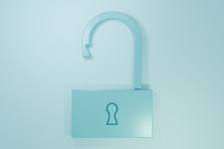 Blue Open padlock icon isolated on blue background. Opened lock sign. Cyber security concept. Digital data protection. Minimalism concept. 3D render illustration.の写真素材