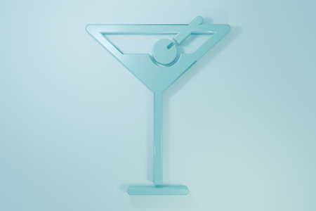 Blue Martini glass icon isolated on blue background. Cocktail icon. Wine glass icon. Minimalism concept. 3D render illustration.の写真素材