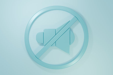 Blue Speaker mute icon isolated on blue background. No sound icon. Volume Off symbol. Minimalism concept. 3D render illustration.の写真素材