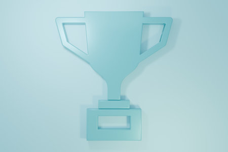 Blue Award cup with bicycle icon isolated on blue background. Winner trophy symbol. Championship or competition trophy. Sports achievement. Minimalism concept. 3D render illustration.の写真素材