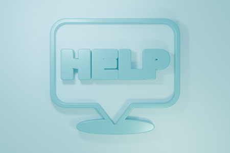 Blue Speech bubble with text Help icon isolated on blue background. Minimalism concept. 3D render illustration.の写真素材