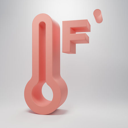 Pink Meteorology thermometer measuring heat and cold icon isolated on pink background. Temperature Fahrenheit. Minimalism concept. 3D render illustration.の写真素材