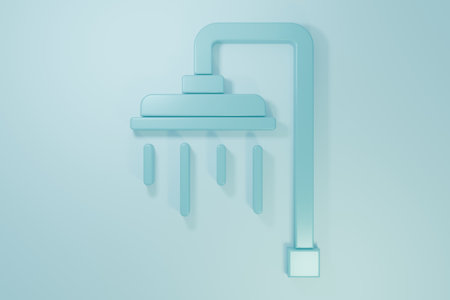 Blue Shower head with water drops flowing icon isolated on blue background. Minimalism concept. 3D render illustration.の写真素材