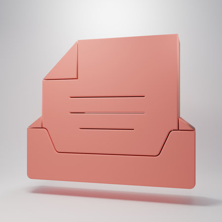 Pink Drawer with document icon isolated on pink background. Archive papers drawer. File Cabinet Drawer. Office furniture. Minimalism concept. 3D render illustration.の写真素材