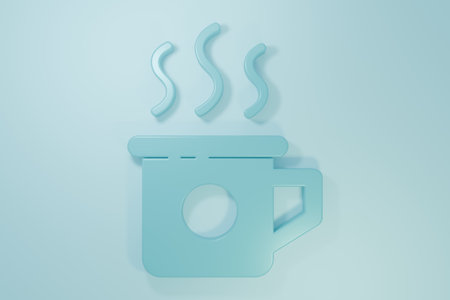 Blue Cup of tea icon isolated on blue background. Sweet natural food. Minimalism concept. 3D render illustration.の写真素材