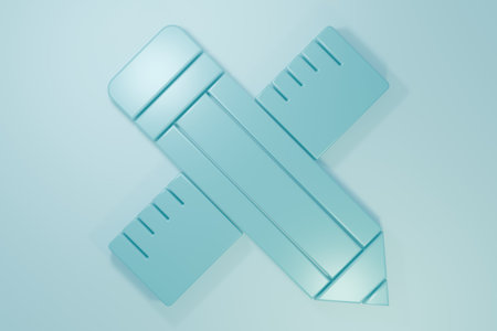 Blue Crossed ruler and pencil icon isolated on blue background. Straightedge symbol. Drawing and educational tools. Minimalism concept. 3D render illustration.の写真素材