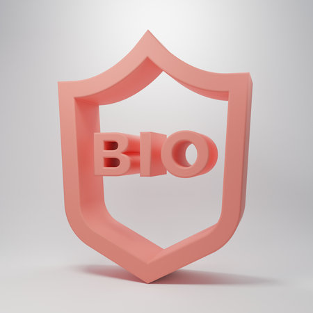 Pink Shield for bio green healthy food icon isolated on pink background. Organic product. Healthy food sticker. Minimalism concept. 3D render illustration.の写真素材