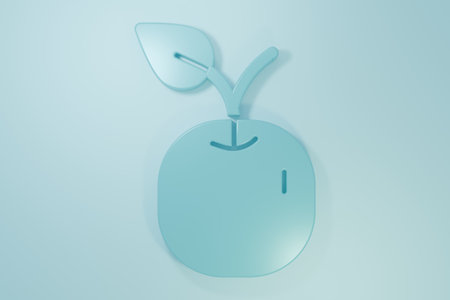 Blue Apple icon isolated on blue background. Fruit with leaf symbol. Minimalism concept. 3D render illustration.の写真素材