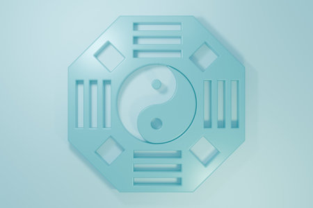 Blue Yin Yang symbol of harmony and balance icon isolated on blue background. Minimalism concept. 3D render illustration.の写真素材