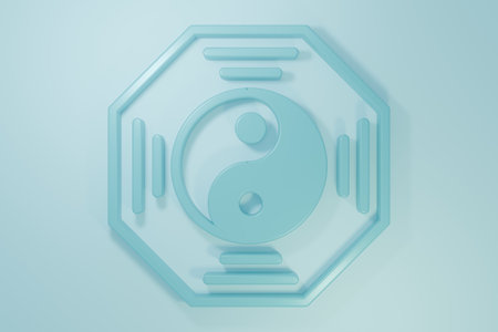 Blue Yin Yang symbol of harmony and balance icon isolated on blue background. Minimalism concept. 3D render illustration.の写真素材