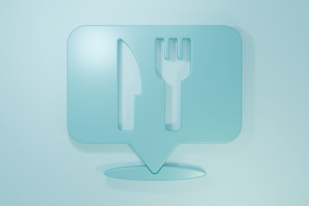 Blue Cafe and restaurant location icon isolated on blue background. Fork and spoon eatery sign inside pinpoint. Minimalism concept. 3D render illustration..の写真素材