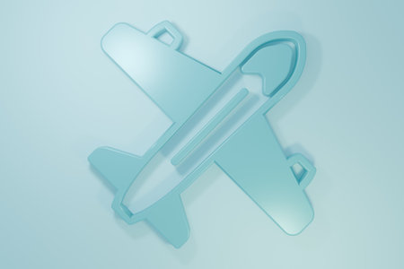Blue Plane icon isolated on blue background. Flying airplane icon. Airliner sign. Minimalism concept. 3D render illustration.の写真素材