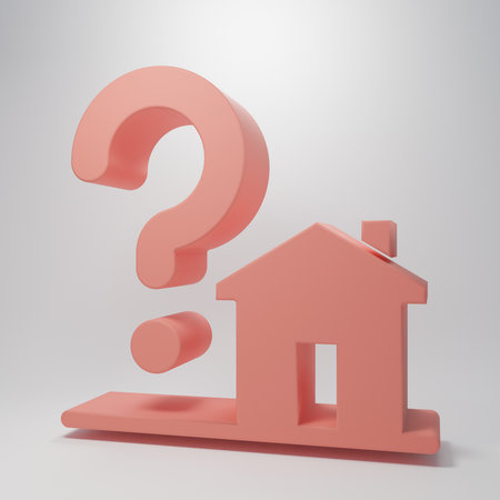Pink House with question mark icon isolated on pink background. Housing problems, questions. Minimalism concept. 3D render illustration.の写真素材