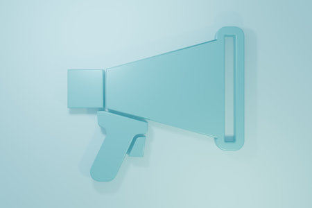 Blue Megaphone icon isolated on blue background. Speaker sign. Minimalism concept. 3D render illustration.の写真素材