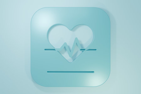 Blue Heart rate icon isolated on blue background. Heartbeat sign. Heart pulse icon. Cardiogram icon. Minimalism concept. 3D render illustration.の写真素材