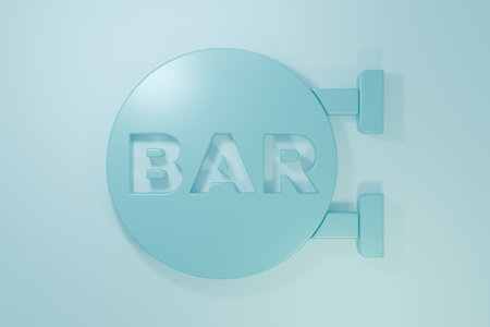 Blue Street signboard with inscription Bar icon isolated on blue background. Suitable for advertisements bar, cafe, restaurant. Minimalism concept. 3D render illustration.の写真素材