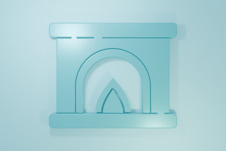 Blue Interior fireplace icon isolated on blue background. Minimalism concept. 3D render illustration.の写真素材