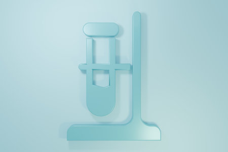 Blue Glass test tube flask on stand icon isolated on blue background. Laboratory equipment. Minimalism concept. 3D render illustration.の写真素材