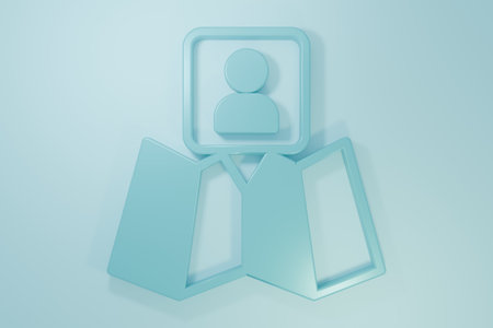 Blue Folded map with location marker icon isolated on blue background. Minimalism concept. 3D render illustration.の写真素材