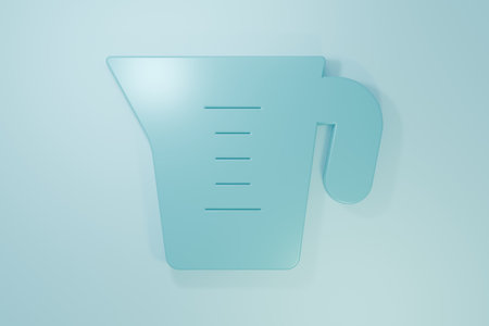 Blue Measuring cup to measure dry and liquid food icon isolated on blue background. Plastic graduated beaker with handle. Minimalism concept. 3D render illustration.の写真素材