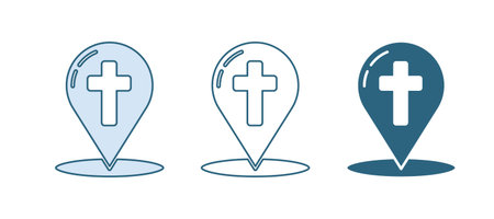 Blue Map pointer with Christian cross icon isolated on white background. Vector.のイラスト素材