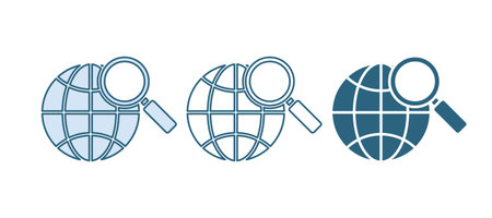 Blue Magnifying glass with globe icon isolated on white background. Analyzing the world. Global search sign. Vector.のイラスト素材