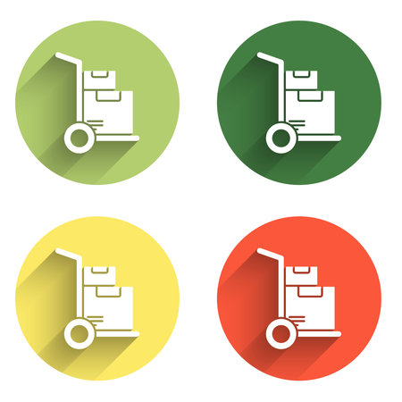 Set Hand truck and boxes icon isolated with long shadow background. Dolly symbol. Color circle button. Vector.のイラスト素材