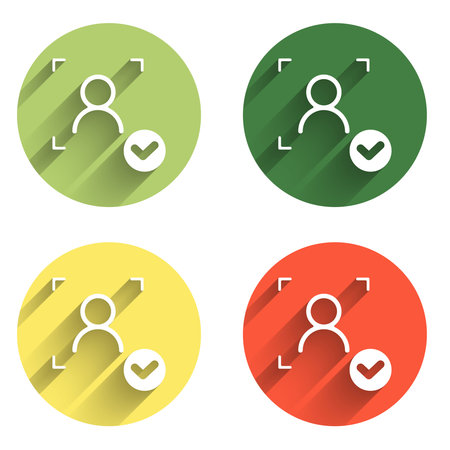 Set Face recognition with check mark icon isolated with long shadow background. Face identification scanner icon. Facial id. Cyber security concept. Color circle button. Vector.のイラスト素材