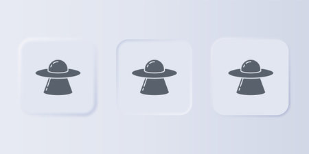 Gray UFO flying spaceship icon isolated on gray background. Flying saucer. Alien space ship. Futuristic unknown flying object. Set icons in square buttons. Vector.のイラスト素材